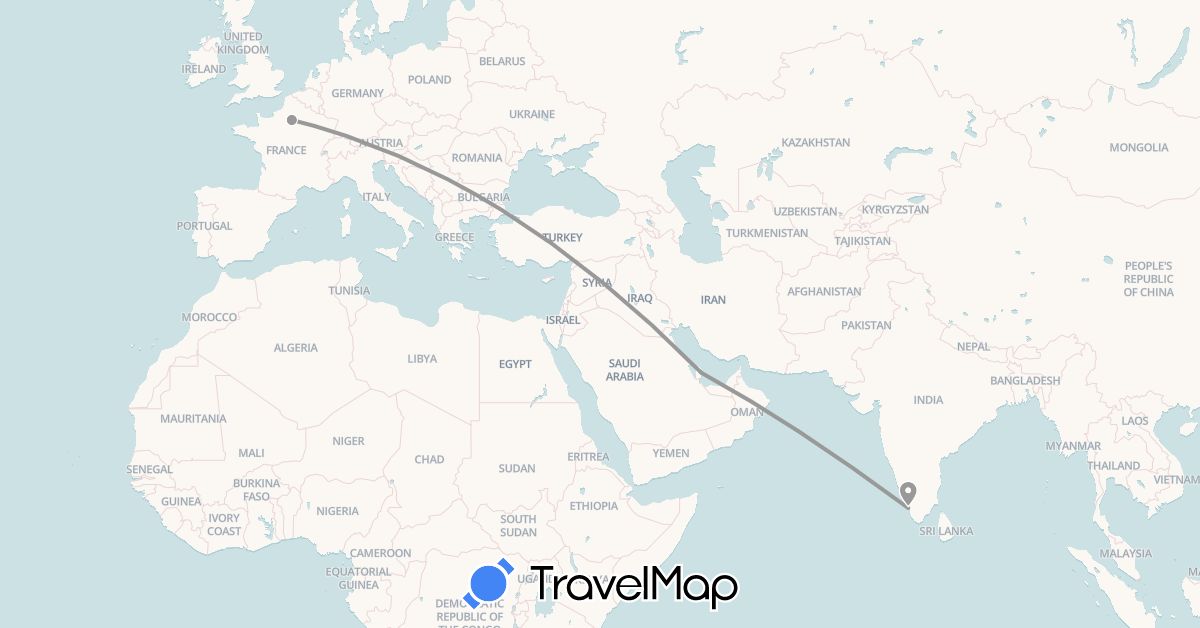 TravelMap itinerary: plane in France, India, Qatar (Asia, Europe)